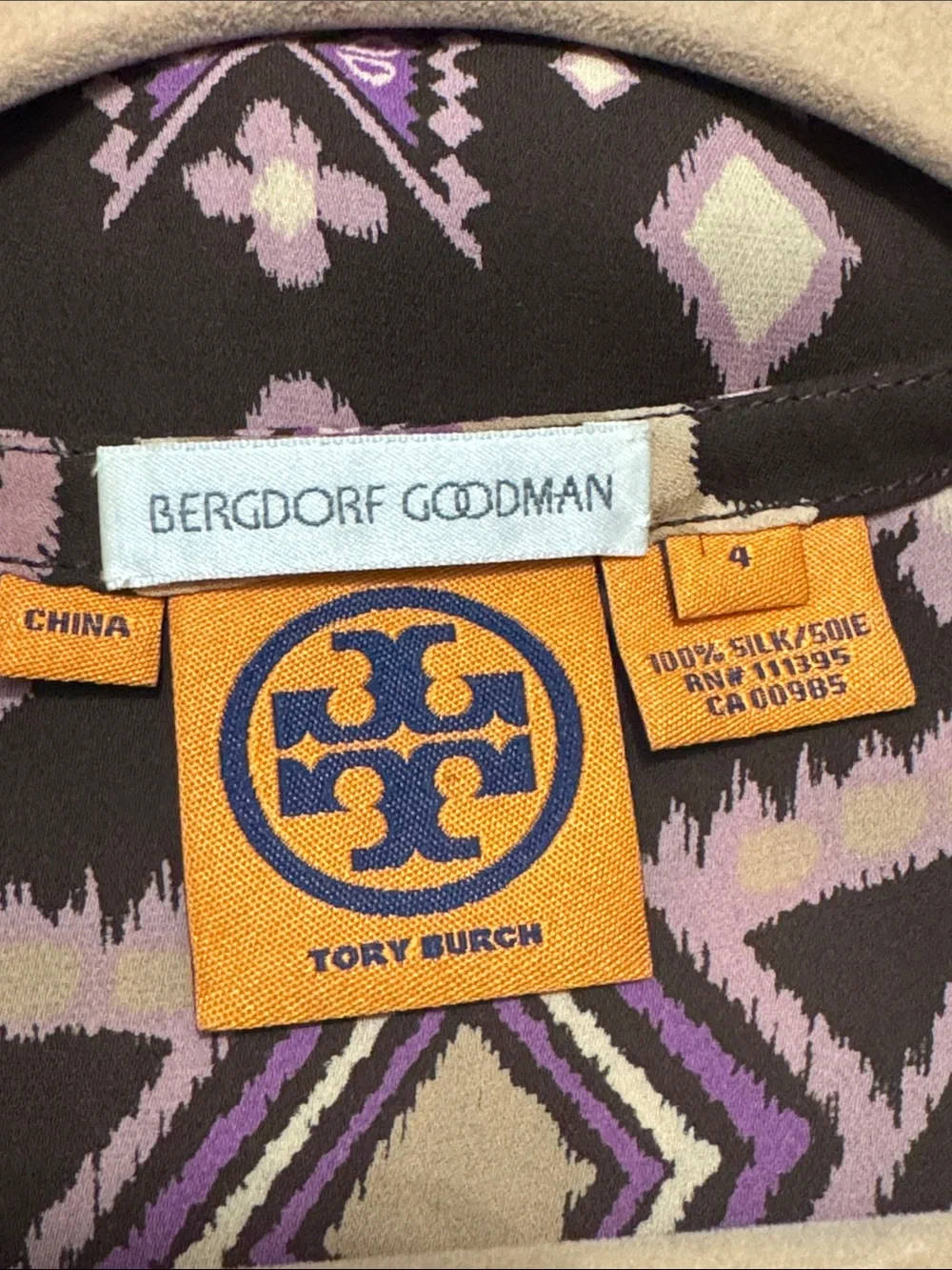 TORY BURCH Geo Print Peasant Blouse 4 18.5” P2P Brown/Purple NWOT